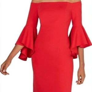 Calvin Klein Red Off-Shoulder Long Sleeve Dress Sz 6